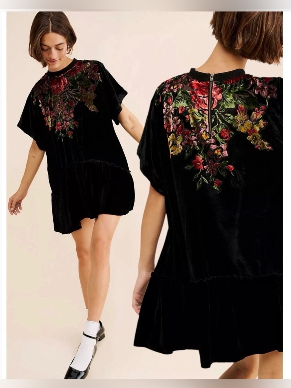 Free People Bohemian Black Floral Velvet Dress - Picture 3 of 7